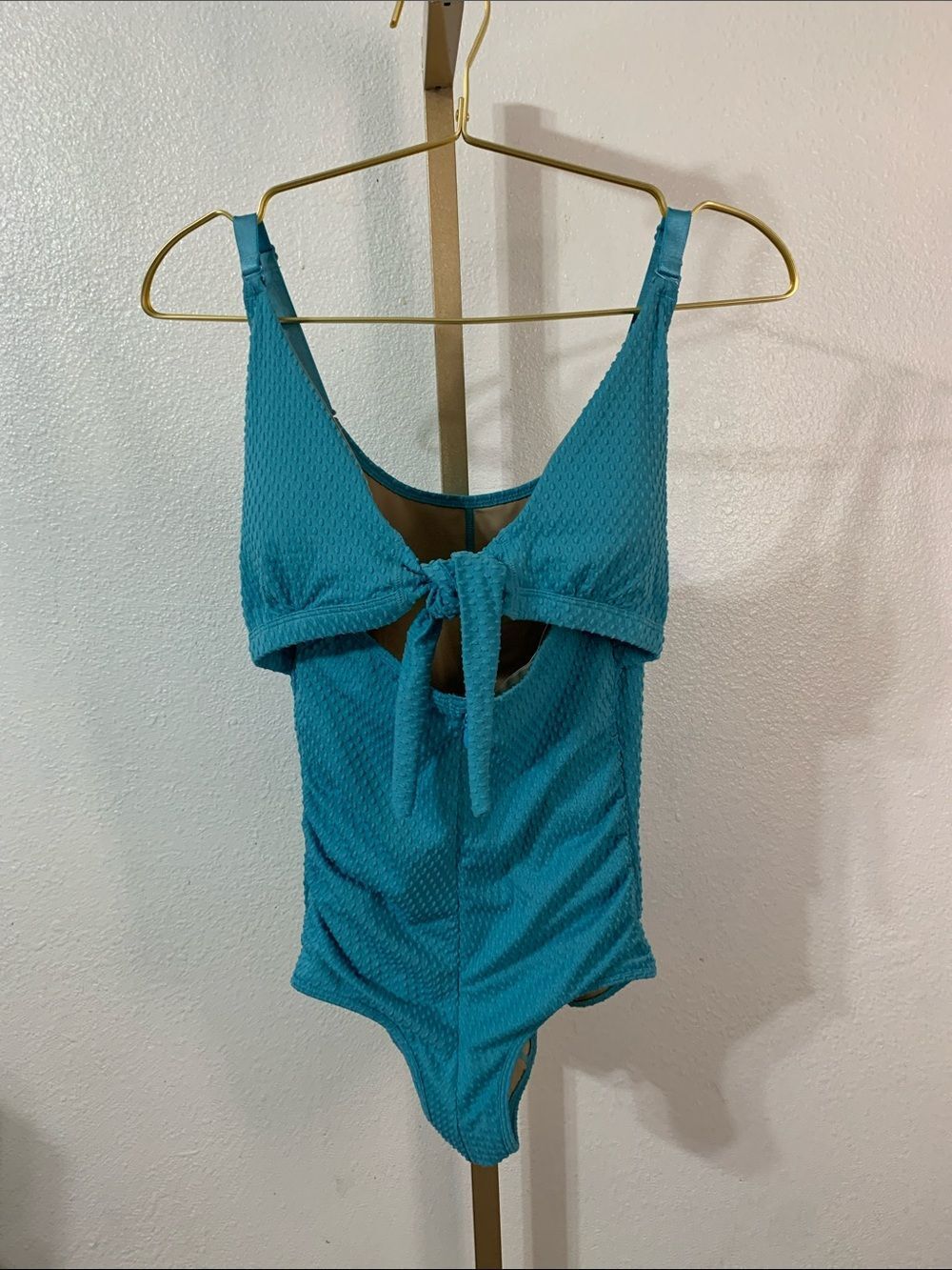 Textured Teal slimming faja One-Piece Swimsuit with Front Tie- Small
